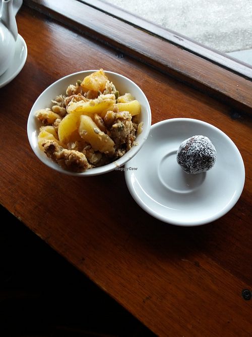 Vegan hot apple crumble and bliss ball at Laurie's Vegetarian Take Away in Bondi