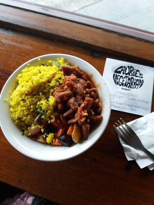 Chillis, mixed roasted veggies and couscous at Laurie's Vegetarian Take Away in Bondi