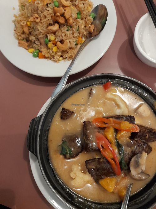 Mushroom rissoles in clay pot, fried rice with cashews at Mother Chu's Vegetarian Kitchen in Sydney