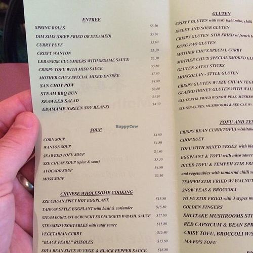 menu 1 at Mother Chu's Vegetarian Kitchen in Sydney