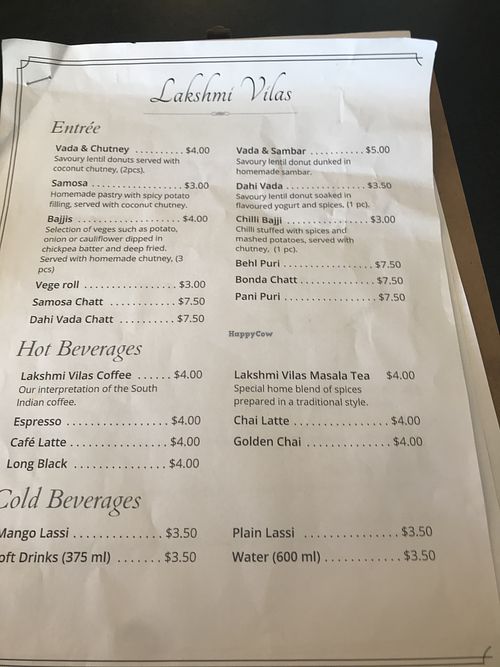 Menu at Lakishmi Vilas Vegetarian Take Away in Dandenong