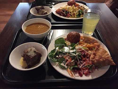 Feast! Soup, kofta, curry, salads, sticky date pudding and a drink (all vegan) and a vegan samosa... at Gopals in Melbourne