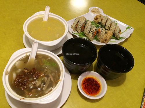 Corn soup, Vege shark fin soup, and sesame seaweed roll at Utopia in Northbridge