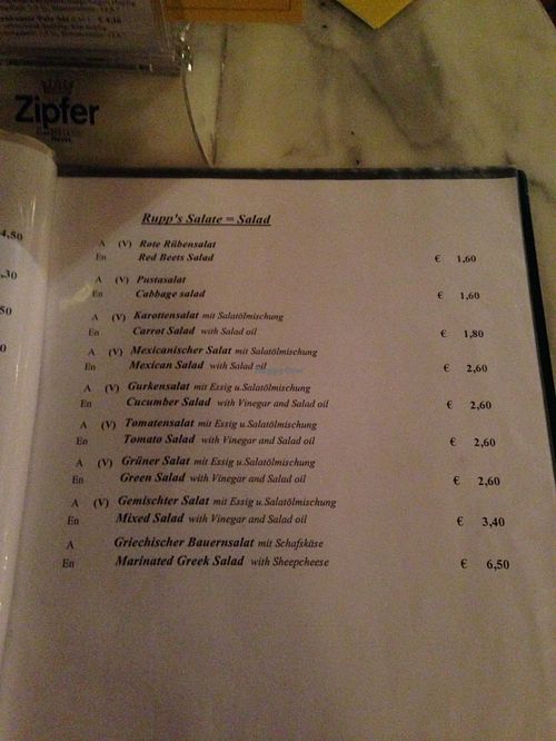english menu page 1 at Rupp's Vegetarisches Pub   in Vienna