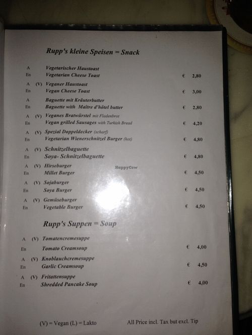 english menu page 2 of 5
 at Rupp's Vegetarisches Pub   in Vienna