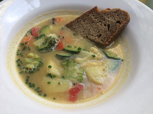 Croatian vegetable casserole soup with wheat bread at Bio Bar von Antun in Vienna