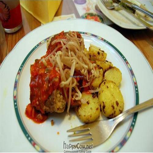seitan rolls with potatoes; that's pickled mung bean sprouts on top (really gross) at Bio Bar von Antun in Vienna