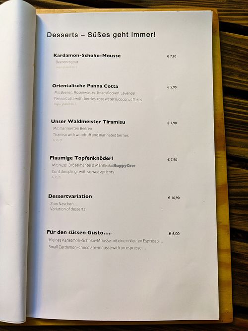 Dessert page of menu at Hollerei at Hollerei in Vienna