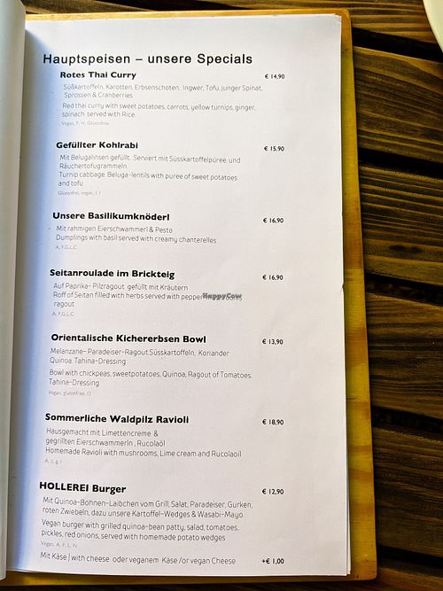 Main dish page of menu at Hollerei at Hollerei in Vienna