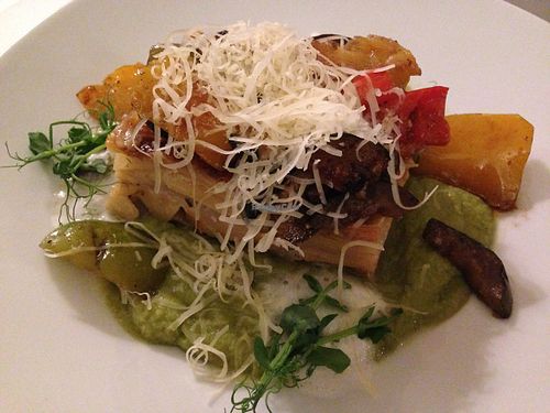 Vegetable lasagne with salsify and pea cream at Hollerei in Vienna