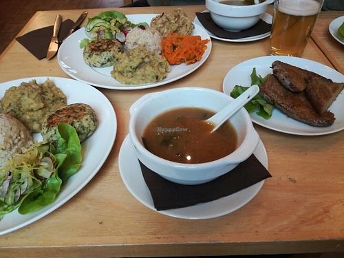 miso soup, seitan and mix of rice, quinoa, carrots, lentils, radishes etc. at Den Teepot in Brussels