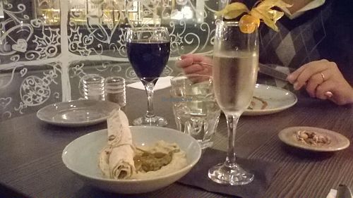 very good home-made houmous, vegan sparkling Prosecco at Food For Friends in Brighton