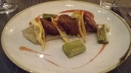 VEGAN Jerusalem artichoke fritters with caramelised turnip gyoza at Food For Friends in Brighton