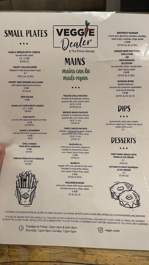 Menu as at August 2025  at The Prince George in Brighton