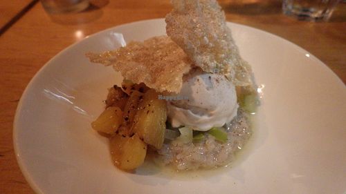 Vegan Rice Cream pudding

Warm cream coconut cinnamon toasted rice pudding with star anise and tamarind molasses caramel Pineapple, limes and green apple with sweet Sichuan miso coconut yogurt ice sorbet at Terre a Terre in Brighton