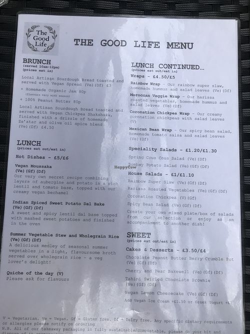 Menu Sep 2021 at The Good Life Wholefood Restaurant in Shrewsbury