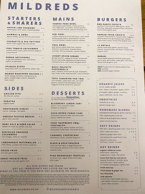 Menu   at Mildreds - Soho in London