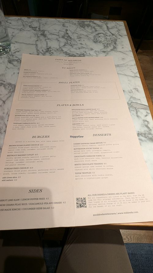 Menu at Mildreds - Soho in London