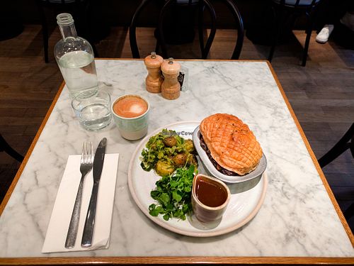 Ale Mushroom Pot Pie and Cappuccino at Mildreds - Soho at Mildreds - Soho in London