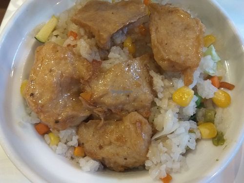 Veggie chicken rice at Loving Hut in North London