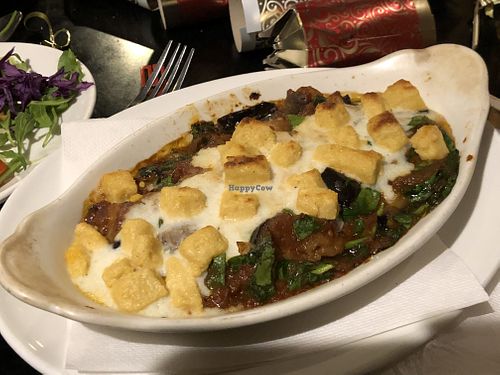 Aubergine & Spinach Gratin (vegan option with home made cashew cheese - amazing!) at Riverside Vegetaria in Kingston Upon Thames
