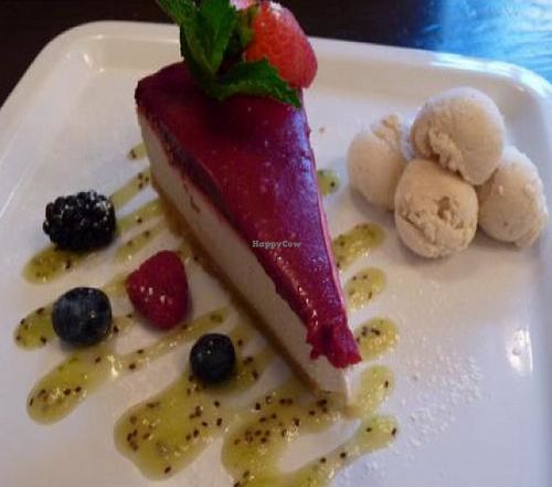 White chocolate & raspberry cheesecake, with kiwi coulis & macadamia nut ice-cream at Manna London Restaurant - Maybe closed in North West London