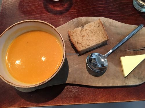 Sweet potato, chilli and almond soup (part of 3 course Sunday lunch) at Greens in Manchester