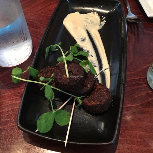 Vegetarian black pudding starter  at Greens in Manchester