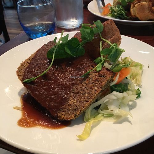Sunday Roast dinner (nut loaf with roast potatoes, Yorkshire pudding, vegetables and gravy) at Greens in Manchester
