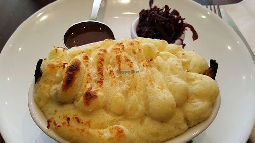 Mushroom and Aubergine cottage pie and pickled cabbage at Greens in Manchester