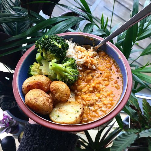 Dahl w/ roast potatoes & veg (takeaway) at The 8th Day in Manchester