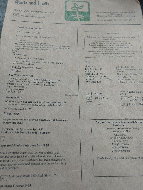 menu at Roots and Fruits in Leeds