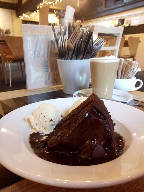 Vegan Choc Fudge Cake with vegan ice cream at The Whale Tail Cafe in Lancaster
