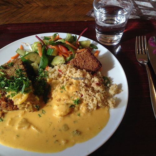 dish of the day :) chickpea loaf, veggie curry, quinoa and salad at Zucchini Vegetarian Cafe in Helsinki