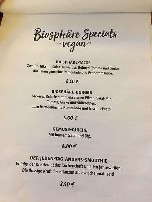 Speisekarte  at Biosphaere in Berlin