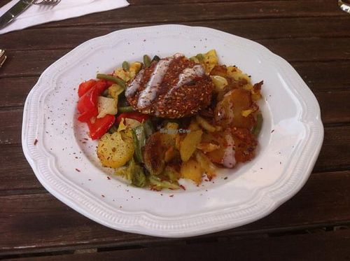 sesame patty with roasted potatoes and roasted veg at Hiller in Hannover