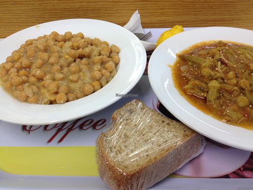 Chickpeas & bowl of soup & bread. None of it was warm or hot. at Health Ecology - Papanikolas Hygiene Theroes in Athens