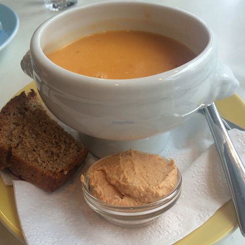 coconut curry soup with hummus and bread at Kaffihusid Gardurinn - Ecstasy's Heart-Garden in Reykjavik