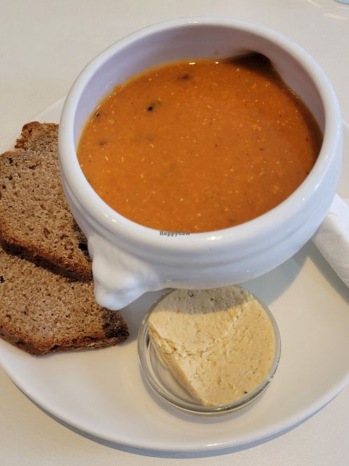 Small soup of the day with bread and hummus at Kaffihusid Gardurinn - Ecstasy's Heart-Garden in Reykjavik