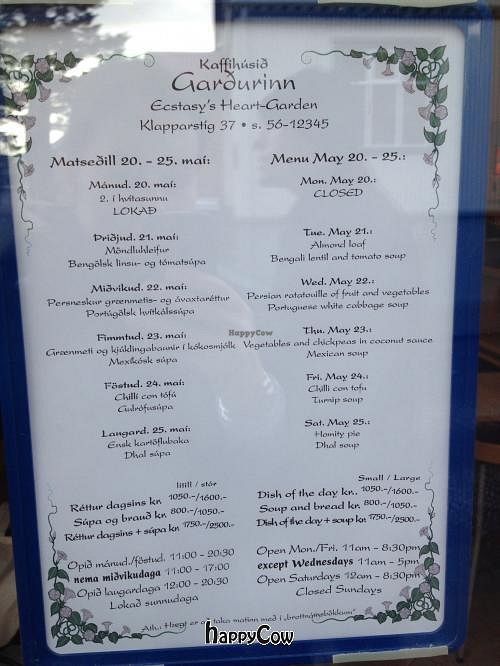 Sample menu from May 2013 - in English and Icelandic, with opening hours and address details at Kaffihusid Gardurinn - Ecstasy's Heart-Garden in Reykjavik