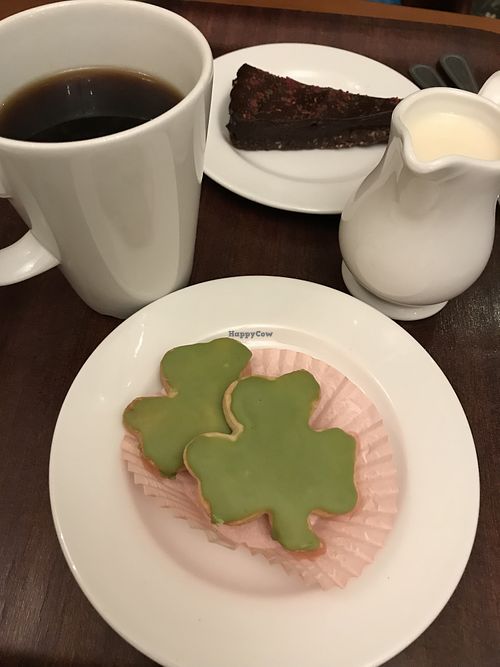 Coffee and shamrock cookie at Cornucopia in Dublin