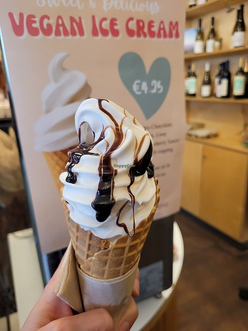 Vegan soft ice cream with chocolate sauce at Cornucopia in Dublin