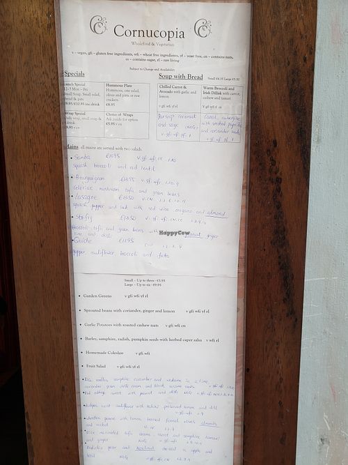 Lunch menu at Cornucopia in Dublin