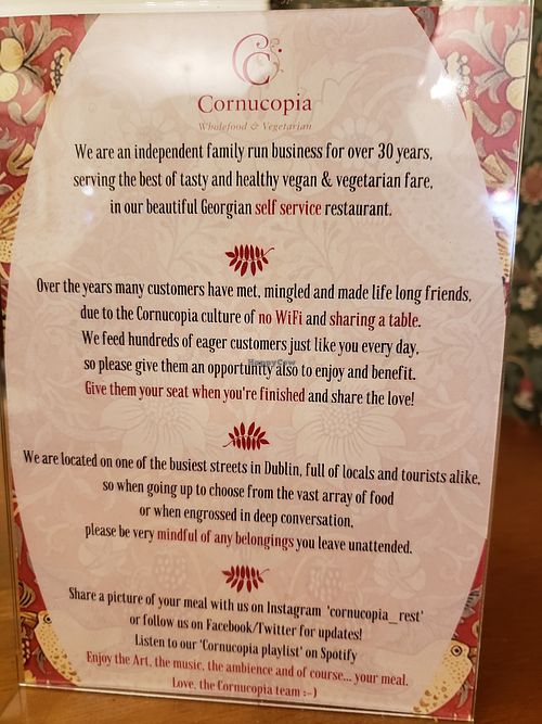 "culture of no wifi and sharing a table" :) at Cornucopia in Dublin