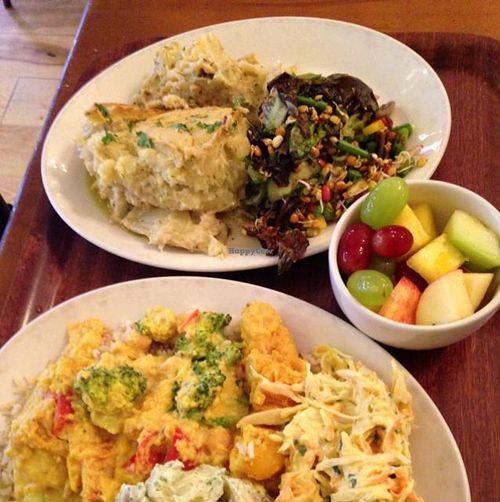 (rear plate) artichoke and fennel pie, sprouted bean salad, and fresh fruit  at Cornucopia in Dublin