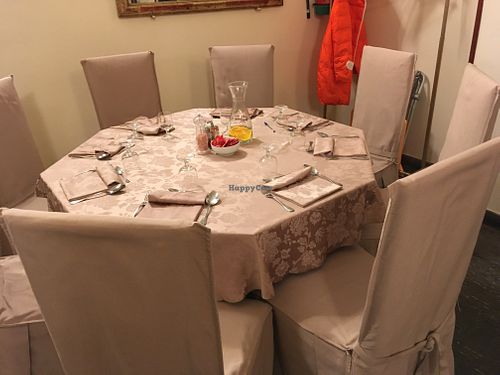 Nice tableware on standard table at Contrada Govinda in Milan