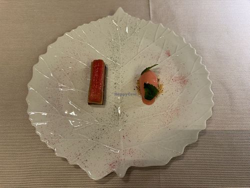 "Divine Healer" (second dessert course) — Confit rhubarb cake with hazelnuts and sorbet at Joia Alta Cucina Naturale in Milan