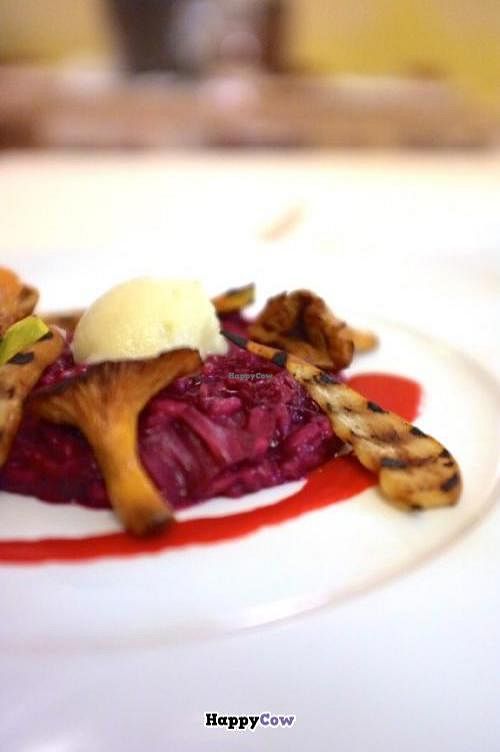 'L'ombelico del mondo' italian real risotto with reduction of wine and mushrooms  at Joia Alta Cucina Naturale in Milan