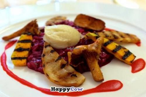 'L'ombelico del mondo' italian real risotto with reduction of wine and mushrooms  at Joia Alta Cucina Naturale in Milan