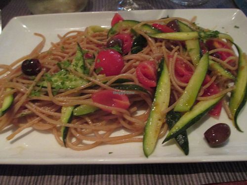 Spaghetti with tomatoes, zucchini and olives at Clorofilla in Bologna
